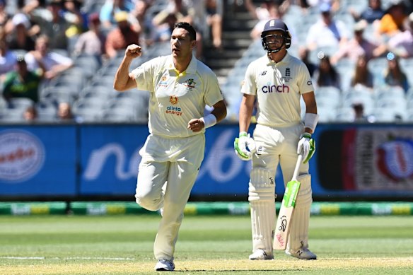 Scott Boland of Australia celebrates after dismissing Mark Wood of England.