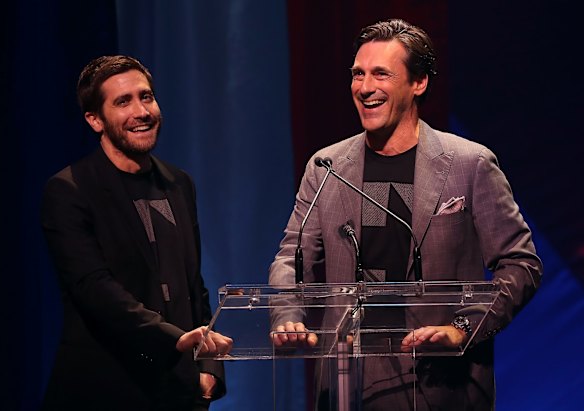 Actors Jake Gyllenhaal (L) and Jon Hamm
