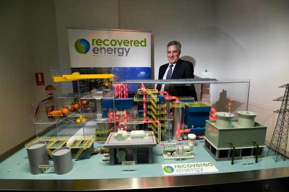 Ian Guss from Recovered Energy Australia with a model of the gasification waste to energy plant proposed for Laverton North.