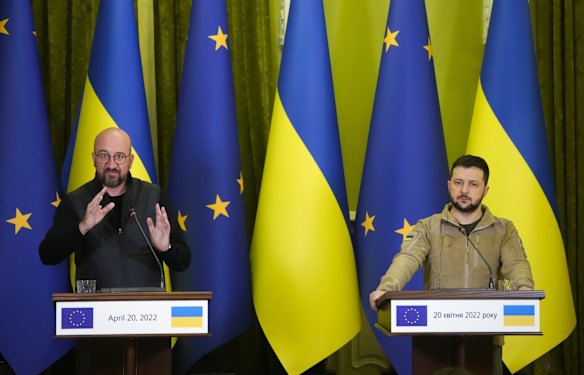 Ukrainian President Volodymyr Zelenskyy, right, and European Council President Charles Michel attend a news conference after their meeting in Kyiv.