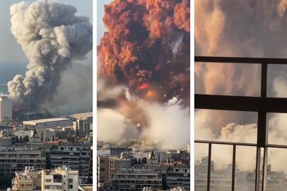 Composite of Beirut explosion August 5, 2020. Screengrabs from Twitter video: @borzou
