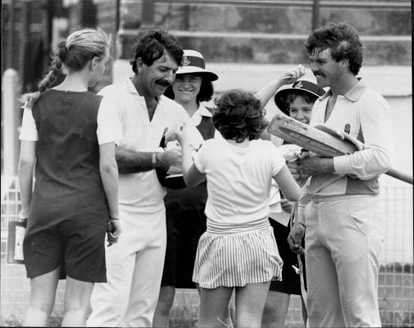 Rod Marsh signing autographs during the Australian team's practice session at the SCG, February, 1984.