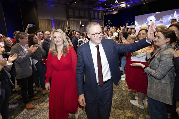 Opposition Leader Anthony Albanese and his partner Jodie Haydon depart after the Labor Campaign Rally at the Howard Smith Wharves in Brisbane, Queensland.