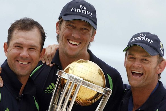 With Glenn McGrath, left, Adam Gilchrist and the World Cup trophy in April 2007.