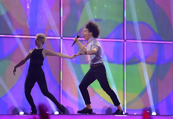 Twin Twin representing France perform during the Eurovision Song Contest 2014 Grand Final.