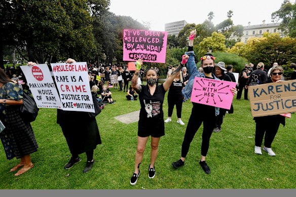 Thousands of protesters gather at Treasury Gardens for the Melbourne Women's March 4 Justice.