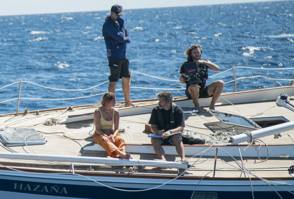 Woodley with director Baltasar Kormakur and a skeleton crew on the floating set.