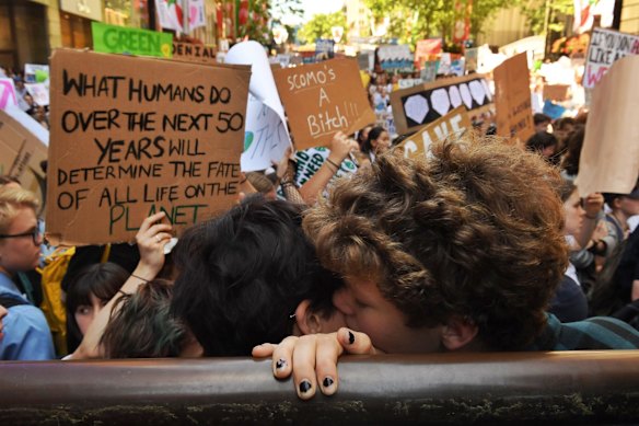 Thousands of students protest climate change at Martin Place, Sydney.