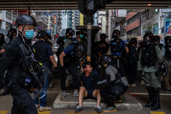 A pro-democracy supporter is detained by riot police during an anti-government rally.