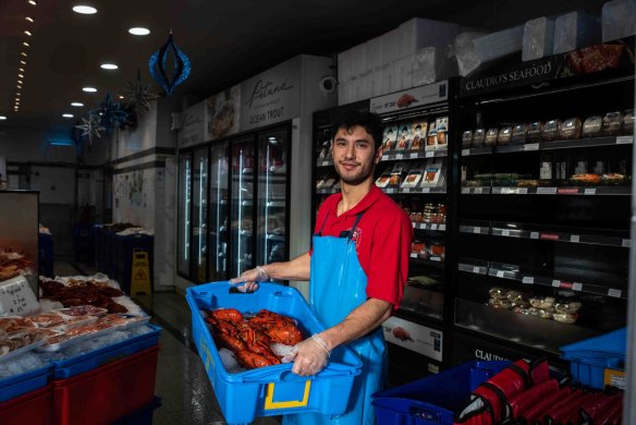 Claudio's owner Reno Costi with fresh seafood supplies, in the lead up the Christmas rush at Sydney Fish Markets.