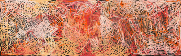 Emily Kam Kngwarray, Anmatyerr people, Yam awely, 1995, National Gallery of Australia, Kamberri/Canberra, gift of the Delmore Collection, Donald and Janet Holt 1995