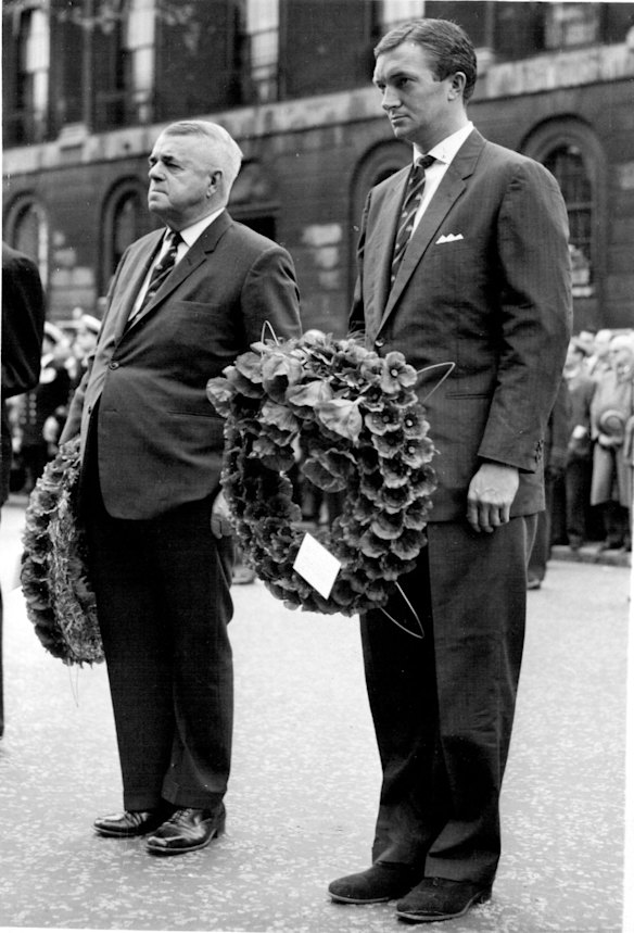 Benaud, pictured on Anzac Day, 1961 at the Cenotaph.
