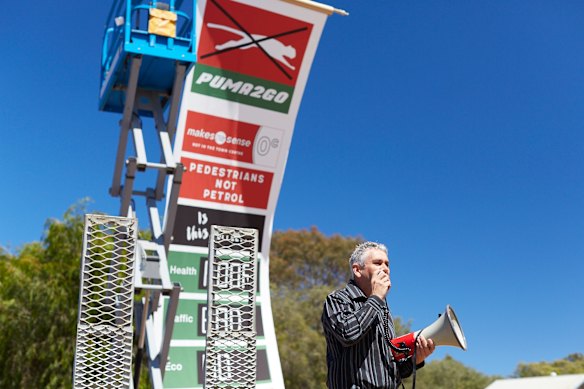 Protestors rally against a proposed 24-hour Puma petrol station in Dunsborough.