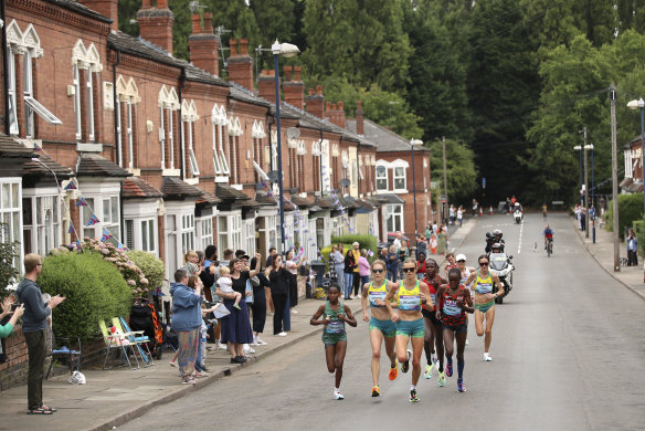 Australia’s Eloise Wellings leads Australia’s Jessica Stenson during the Women’s Marathon on day two of the Commonwealth Games in Birmingham, England