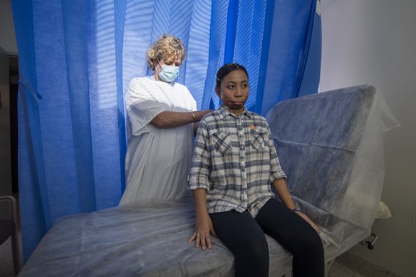 Nurse Megan Brady with Kyla Joy at Concord Hospital. When Kyla Joy was imagining her life-changing surgery in Australia, getting stuck in the wrong city was not part of the plan. Yet, arriving in Victoria just before the world shut down in March 2020, lockdown meant the Filipino teenager was unable to travel to Sydney for her operations later that year.