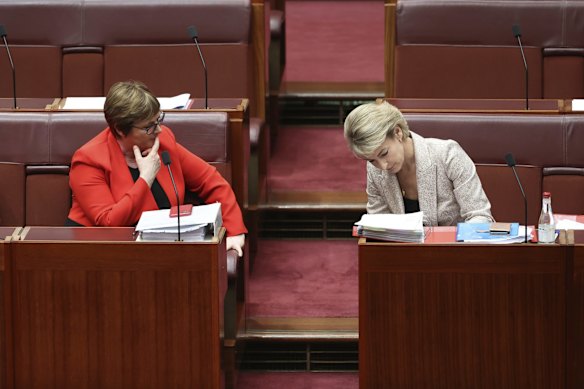 Defence Minister Linda Reynolds and Minister for Employment, Skills, Small and Family Business Michaelia Cash in discussion ahead of question time on Monday.