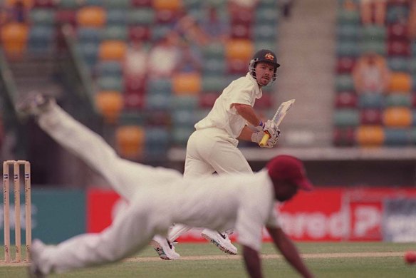 Batting during the first Test at the Gabba against the West Indies in November 1996. He scored 88 but then struggled for runs and by the time the team headed to Melbourne for the Boxing Day Test, the 22-year-old was out of the team.