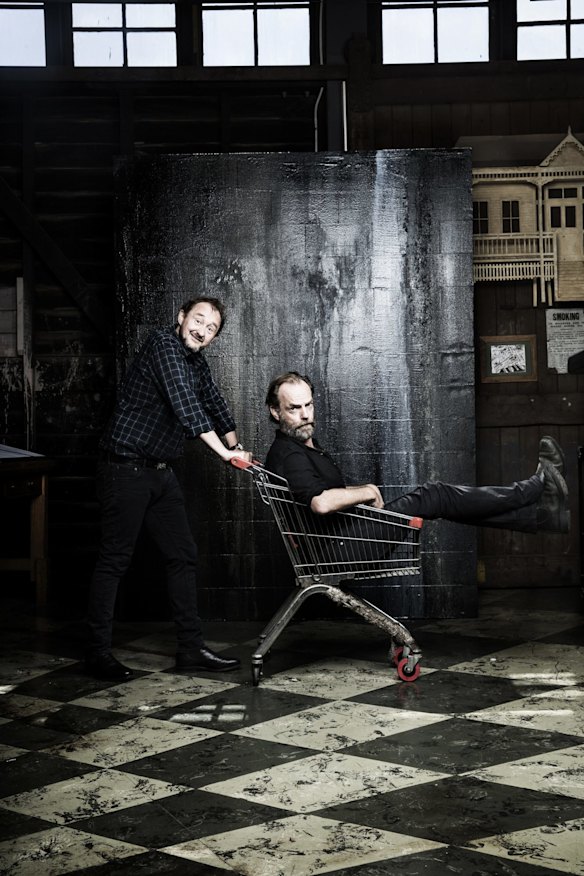 Portrait of Andrew Upton, Sydney Theatre's artistic director and Actor Hugo Weaving for an article about how they are good mates and are working on an upcoming production together.