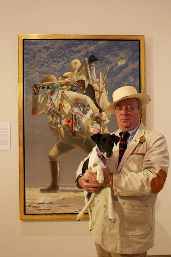 2012 Archibald Prize winner Tim Storrier, with his dog "Smudge", and his work titled "The Historic Wayfarer (after Bosch)".