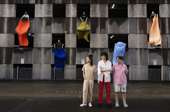 Choreographer Charmene Yap, artist Lauren Brincat and sound artist Evelyn Ida Morris with dancers near the Prince of Wales Hospital,  ahead of their live performance on Wednesday to honour health workers.