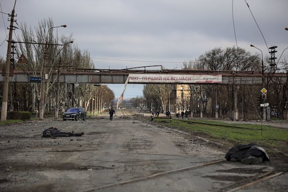 The bodies of civilians lie in the street by the Illich Iron & Steel Works Metallurgical Plant in Mariupol. The city is a strategic port and has been besieged by Russian troops and forces from self-proclaimed separatist areas in eastern Ukraine for more than six weeks. 
