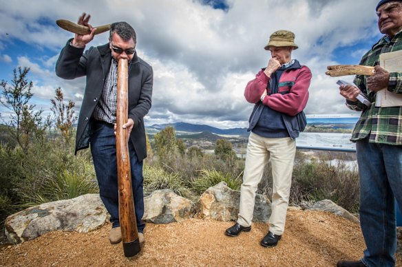 Meeting of Cotter family with Ngambri elder and family descendant Paul House at the launch of book ''Cotter'' by Canberra author Richard Begbie. Paul House plays the didgeridoo