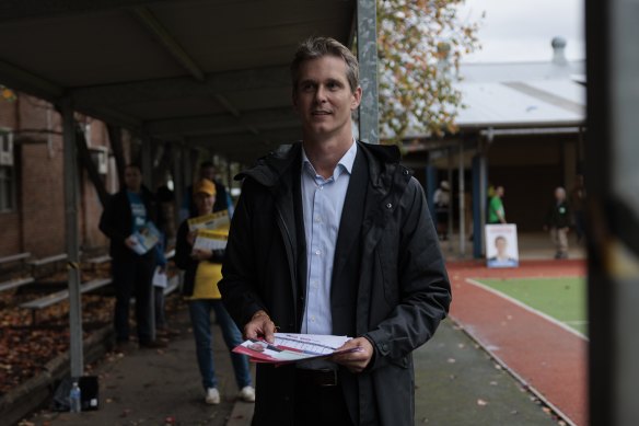 Labor’s candidate for Parramatta, Andrew Charlton, campaigning on election day.