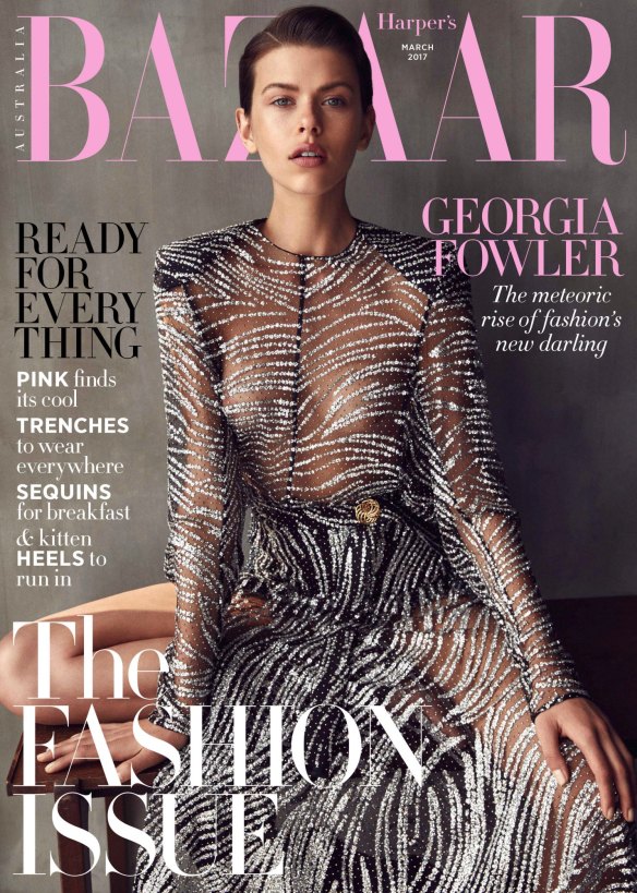 Georgia Fowler as she appears on the March cover of Harper's Bazaar