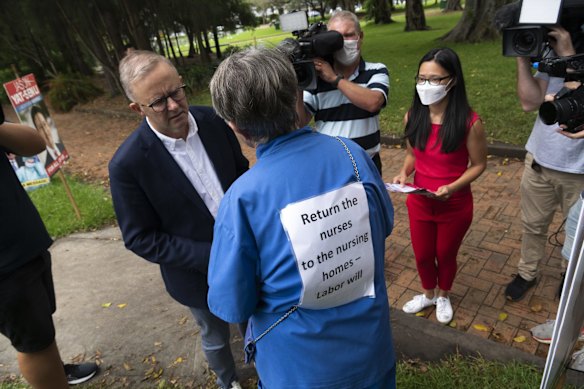 Federal Labor leader Anthony Albanese meets voters at the Burwood Community Centre during the Strathfield byelection.
