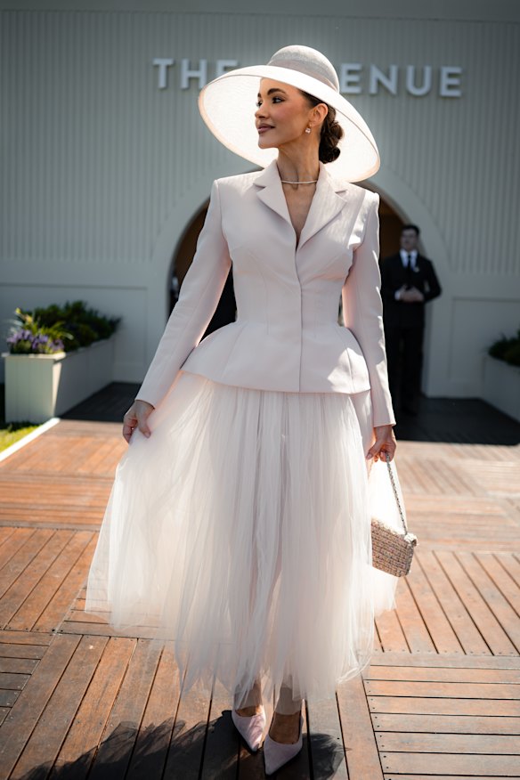 Olivia Molly Rogers in a custom Oglia Loro Couture outfit at the Caulfield Cup.