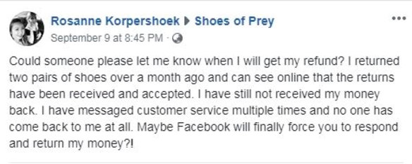 A Shoes of Prey customer takes to Facebook. 