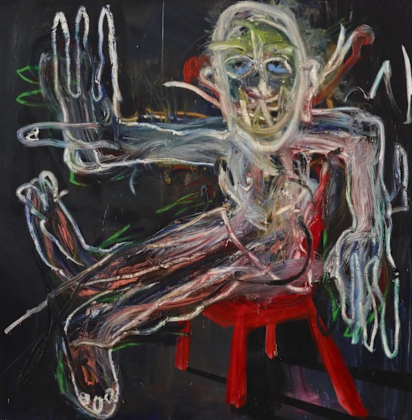 Shane Bowden, 'Self-portrait sitting in a red chair, Avalon', oil on canvas, 193.5 x 190 cm, © the artist

