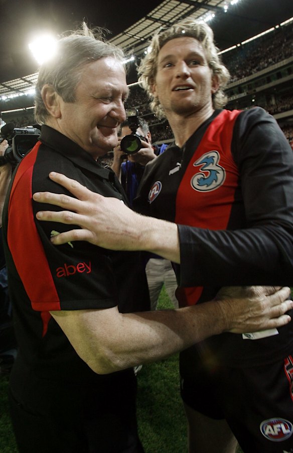 AFL Football Round 21 Essendon v Richmond at the MCG
26 August 2007 . Essendon legends coach Kevin Sheedy and champion James Hird during their farewell match at the MCG. 