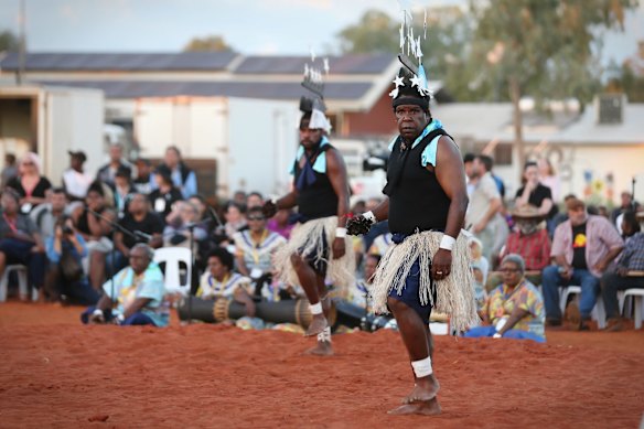 Performers from Muakgau Lak Gubau Gizu (Thursday Island) during the opening ceremony of the First Nations National Convention held in Uluru, at the Mutitjulu community.
