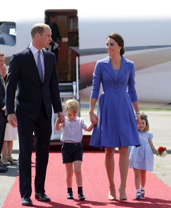 July 19- The family arrives at Tegel airport in Berlin wearing colour coordinated outfits. While it was noted they snubbed Germany's nation's colours, they did pay homage to the hue of the national flower, the cornflower. Kate opted for a cornflower blue coat by British label Catherine Walker with oversized buttons and a pleated skirt. She co-ordinated with daughter Charlotte in her blue and white smock dress.