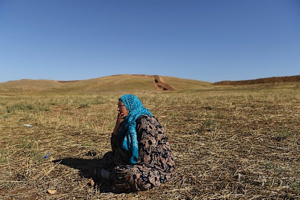 Khan Ali Musli waits in the field on the Iraqi Kurdistan side of the Faysh Khabur border crossing for her family to arrive from Kobane. Khan fled Kobane in Syria 4 years ago and has been living south east of Erbil in Iraqi Kurdistan ever since. She accepts her fate either in Iraqi Kurdistan or returning to Syria.