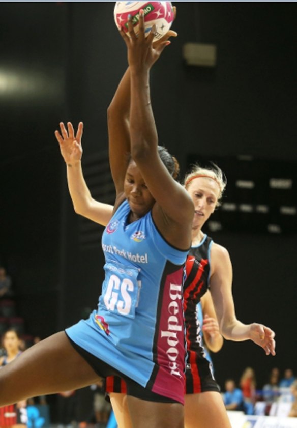 Steel goal shoot Jhaniele Fowler-Reid, left, comes under plenty of attention from Tactix player Demelza Fellowes during trans-Tasman netball competition game at ILT Stadium Southland in Invercargill on Saturday.