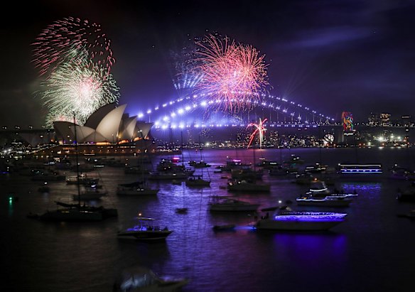 The 9pm New Year's Eve fireworks over Sydney Harbour, viewed from Mrs Macquaries Point.