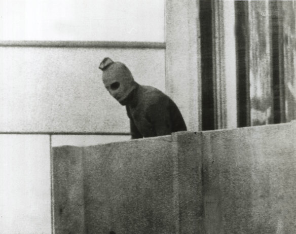 Palestinian terrorist on the balcony of Block 31 Connolly Strasse where 12 Israeli weightlifters and wrestlers were taken hostage during the 1972 Olympic Games in Munich. 