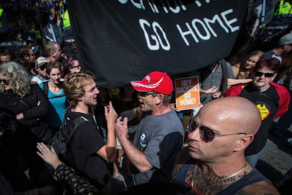 Rally against racism protestors clash with Reclaim Australia protestors at Federation Square on April 4, 2015 in Melbourne, Australia.  