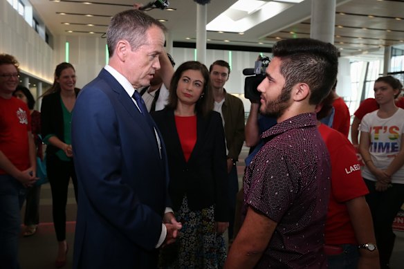 Opposition Leader Bill Shorten and Labor MP Terri Butler speak with supporters at the Fight for Queensland rally for Labor's Your Child, Our Future, at the Brisbane Convention and Exhibition Centre. Saturday 14th May.