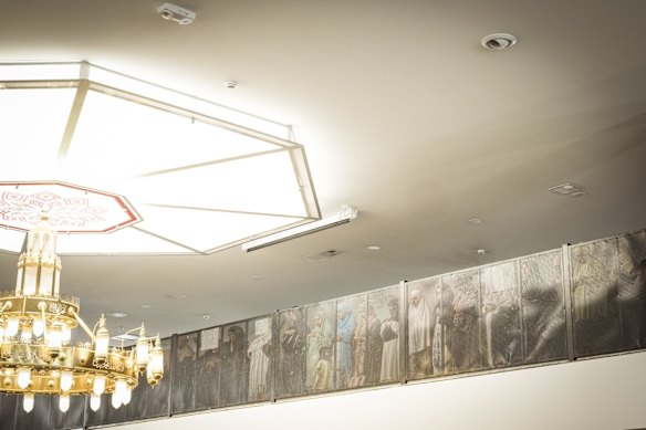 People spill over into the upper floor to join in the prayer at the Melbourne Grand Mosque in Tarneit.