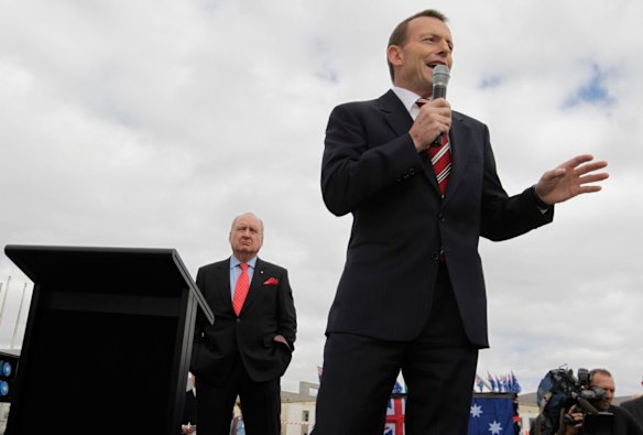 Liberal Opposition Leader Tony Abbott and broadcaster Alan Jones addressed the 'no-confidence' rally made up of protestors who converged on Canberra in trucks, caravans and cars rallying against the Government outside Parliament House in Canberra in 2011.