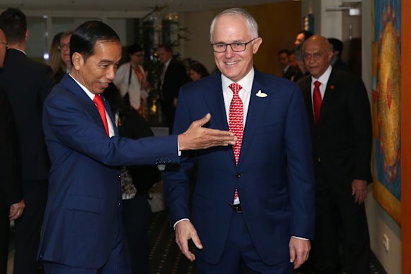 Prime Minister Malcolm Turnbull with Indonesian President Joko Widodo in Hamburg, Germany, as part of the G20.