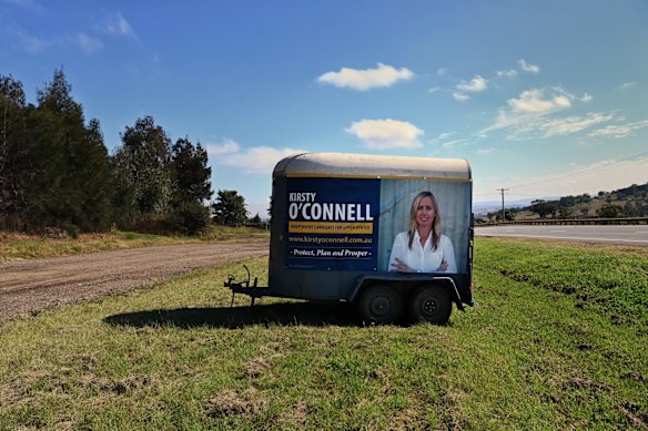 A political banner on the side of a horse float for Kirsty O'Connell who is running as an Independent in the upcoming Upper Hunter by-election. Muswellbrook.