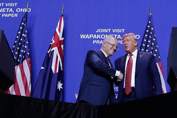 Prime Minister Scott Morrison and President of the United States Donald Trump during the official opening of businessman Anthony Pratt's Pratt Industries Wapakoneta recycling and paper plant in Wapakoneta, Ohio.