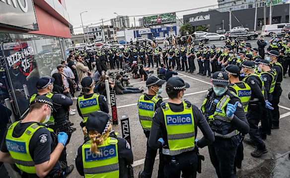 Protesters made their way to Kings Way before being surrounded by police at a petrol station.