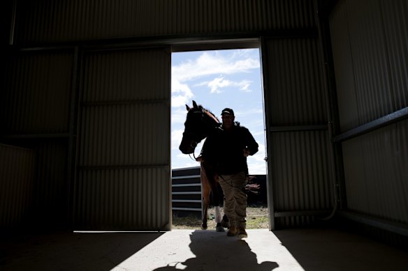 Retired serviceman Max Streeter, who suffers from PTSD, interacts with Vashka, a retired racing horse, as part of a equine therapy program run by Racing NSW in Capertee, NSW.