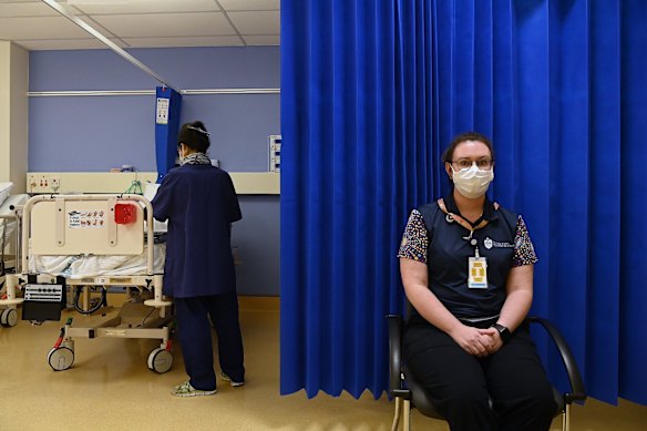 St Vincent's Hospital Wards Person Supervisor Eliza Attwood at St Vincent's Hospital in Darlinghurst, Sydney. Eliza is receiving her Pfizer COVID-19 vaccine at RPA's vaccination hub today as one of the frontline health workers. 