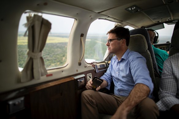 Minister for Agriculture and Water Resources David Littleproud observes how green the land is as his plane prepares to land in Tambo, Queensland.